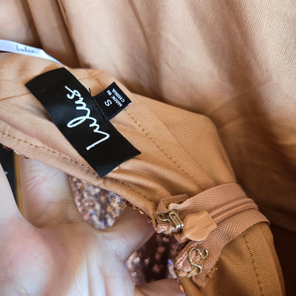 Lulu's Bring It Rose Gold Sequin Mini Dress NWT S Bodycon Hoco Coquette Club - Picture 3 of 6